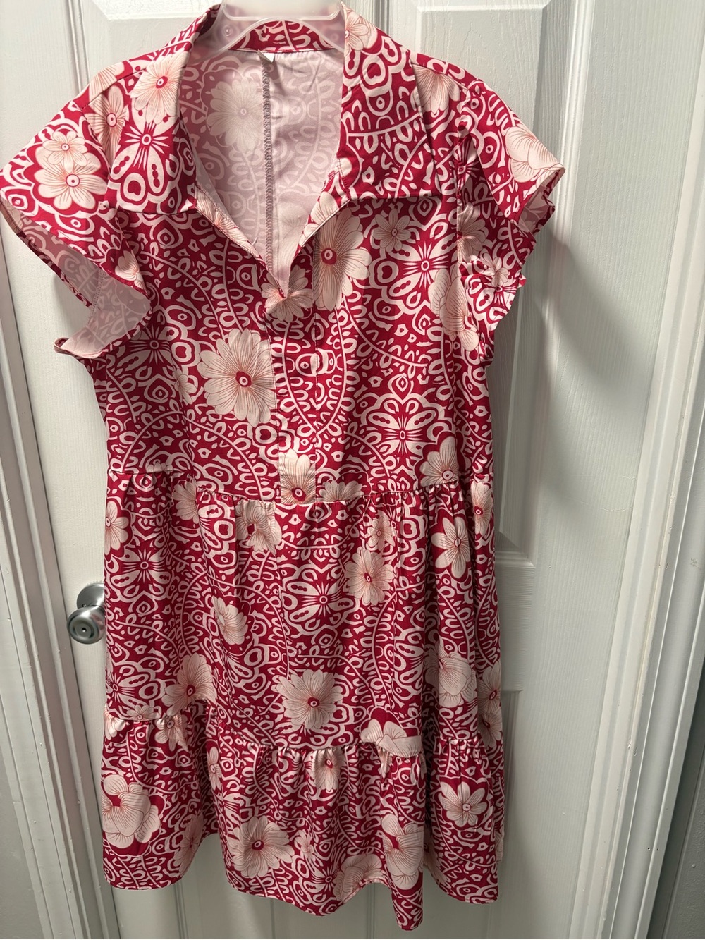 Hot pink and white Floral Collared Midi Dress